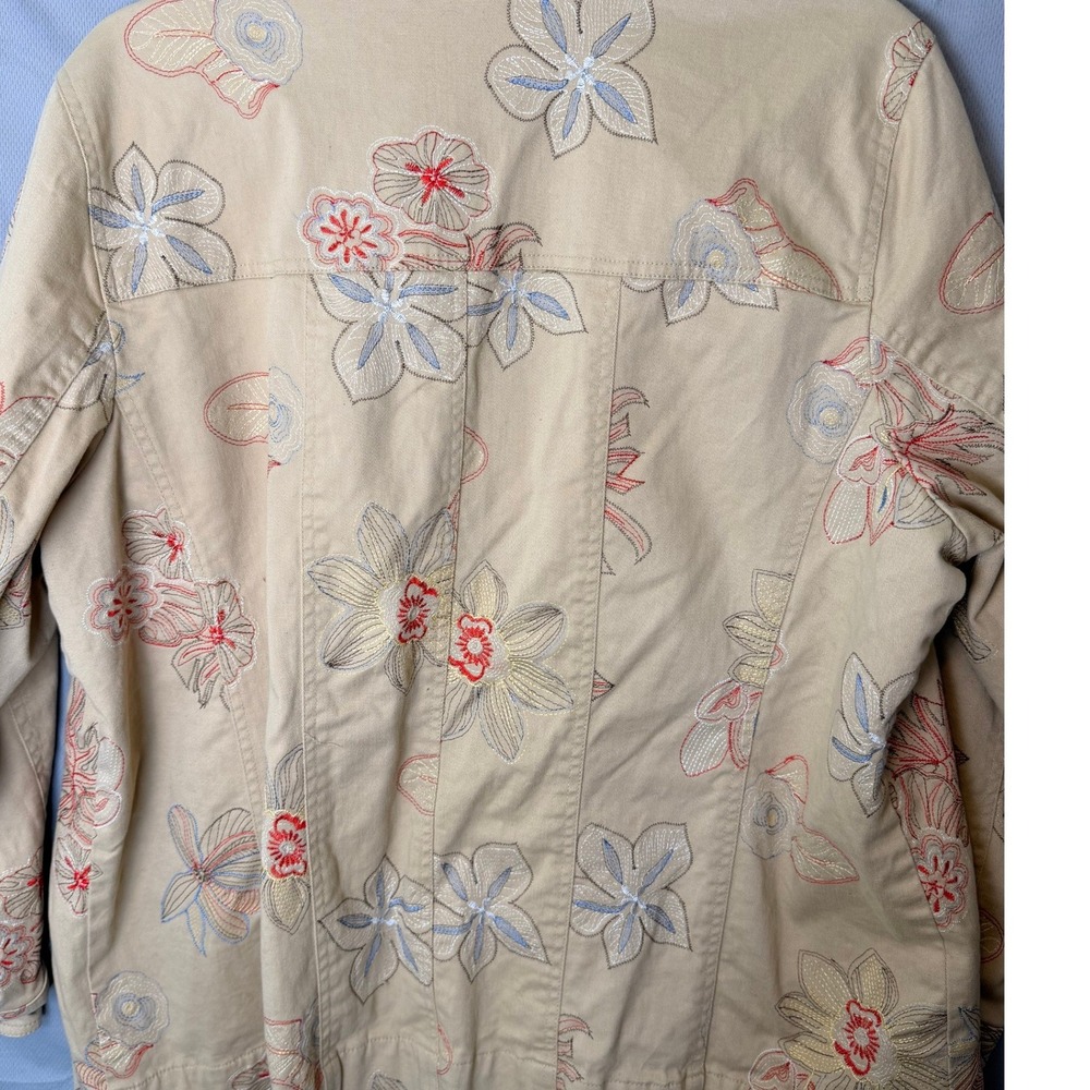 Susan Graver 1X Tan Floral Embroidered Jacket Cotton Blend Utility Plus Size - Picture 3 of 9